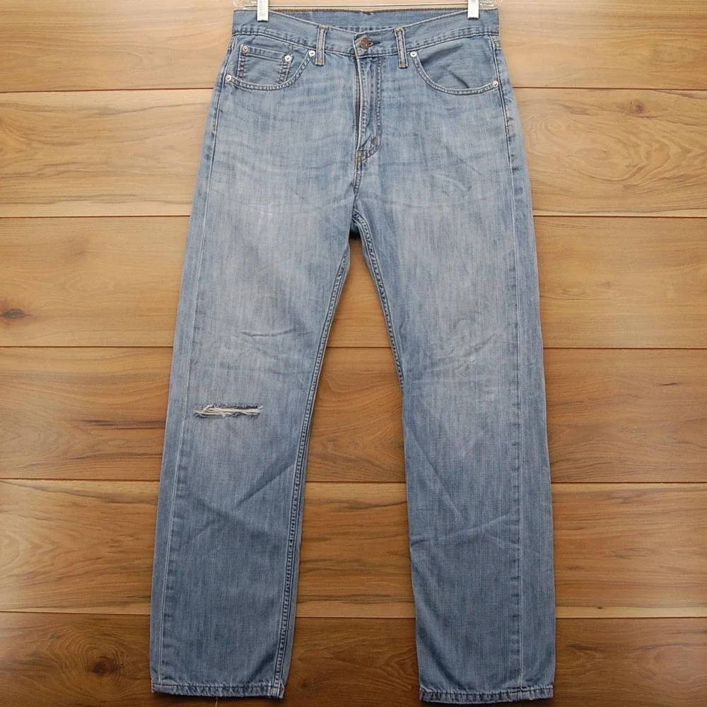 Levis 505 Jeans Mens 33x32 Light Blue Straight Leg Distressed Zip Fly 00505-0235